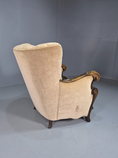 Vintage Danish Lounge Chair Beige Gold Upholstery Carved Frame 1930s EB7779 VCAR