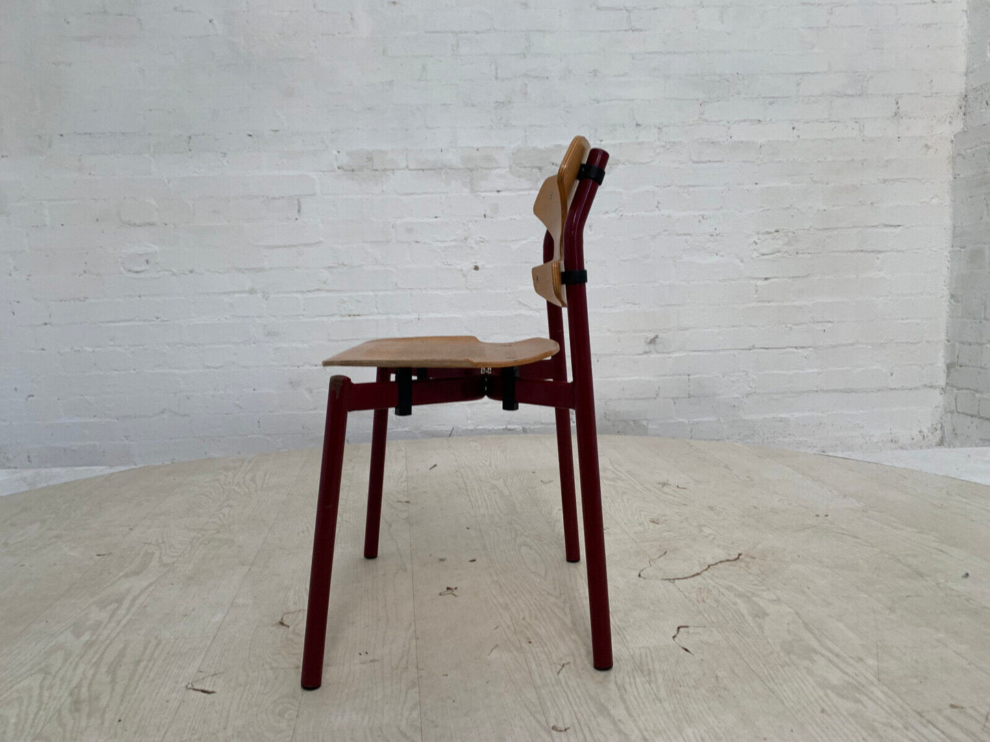 EB3636 Danish Beech & Burgundy Steel Childrens Stacking Chair Randers MSTA