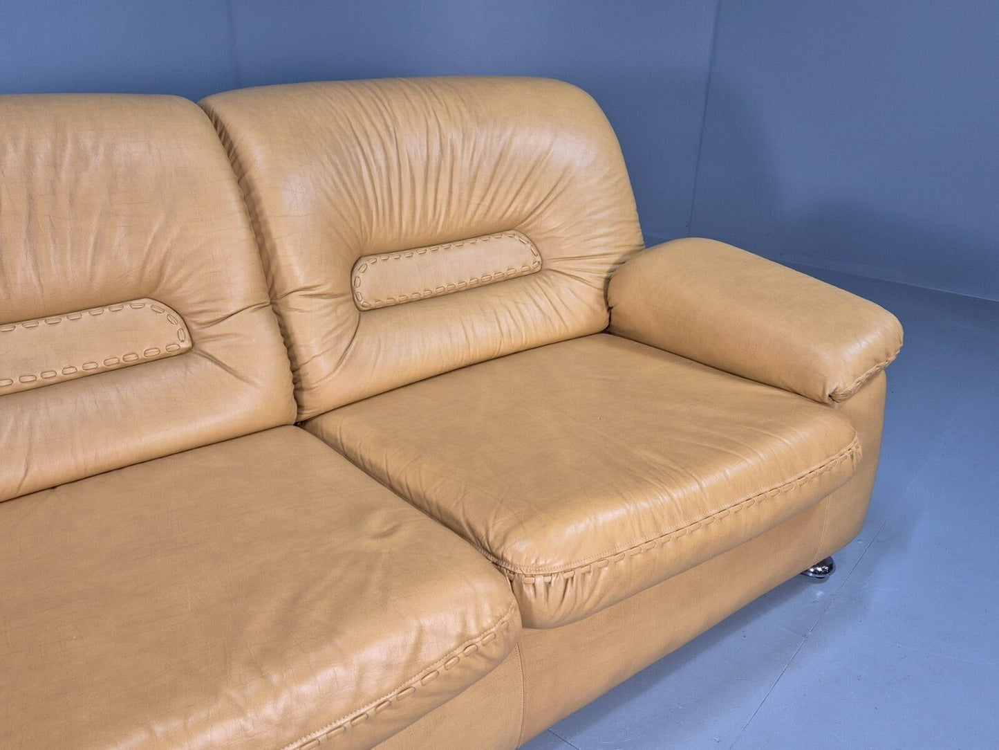 Vintage De Sede Style 3 Seat Sofa Mustard Leather Retro 1970 MCM EB8426 M3SS