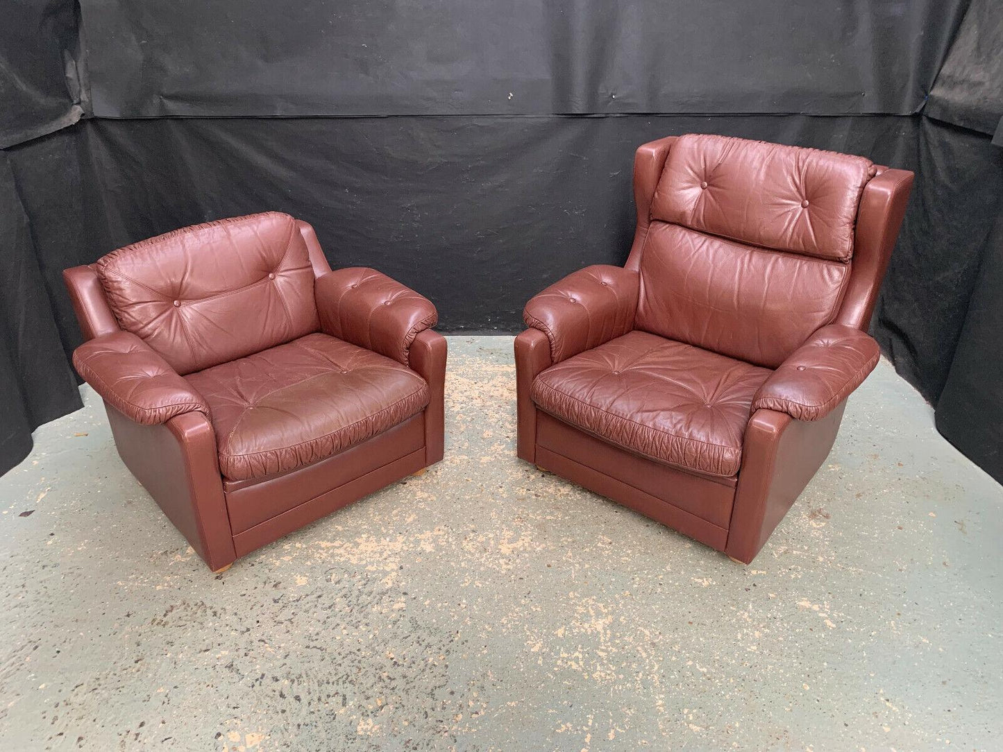 EB1730 Pair of Danish Brown Leather High & Low Back Lounge Chairs Vintage VLEA - UKDK FURNITURE