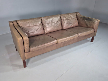 Vintage Danish 3 Seat Sofa Brown Leather Mogensen Style 1970s Retro EB8201 M3SS