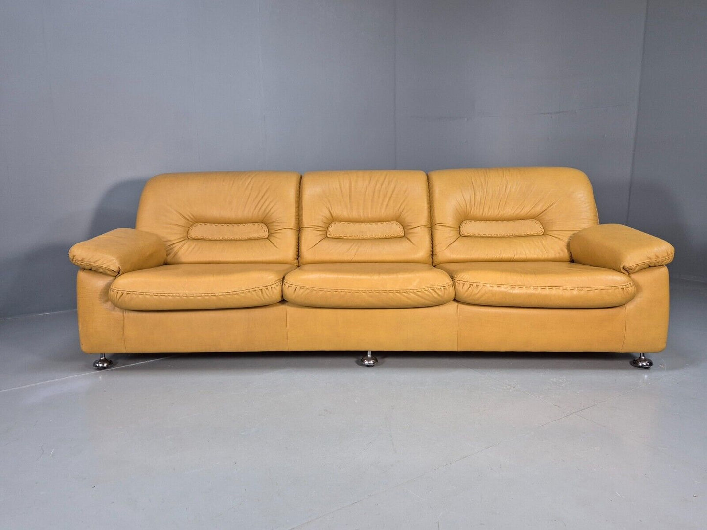 Vintage De Sede Style 3 Seat Sofa Mustard Leather Retro 1970 MCM EB8426 M3SS