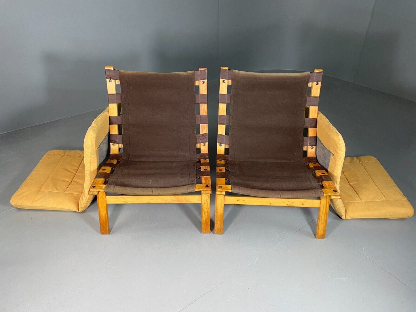 EB6631 2 Vintage Danish Lounge Chairs Yellow Cotton Bentwood Retro MCM MBEN