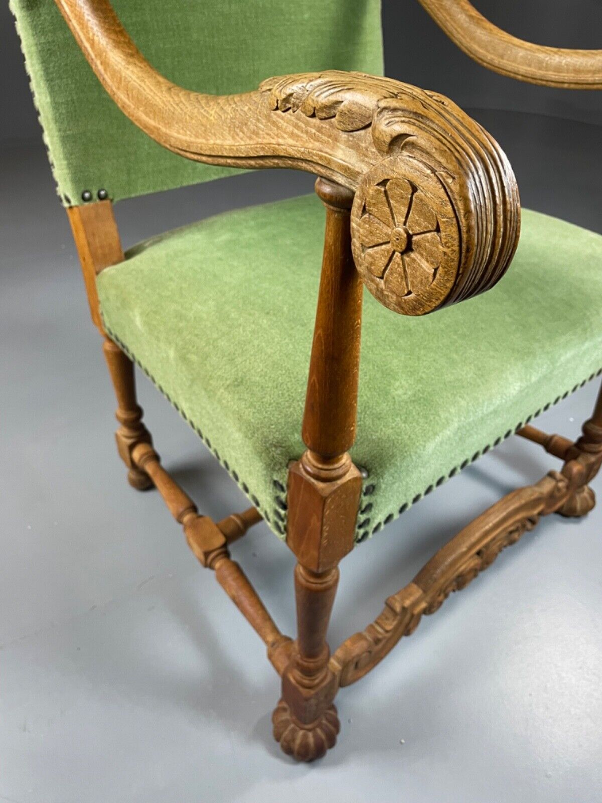 EB4649 Danish Early 20th Century Carved Oak And Green Velour Chair, Antique VCAR