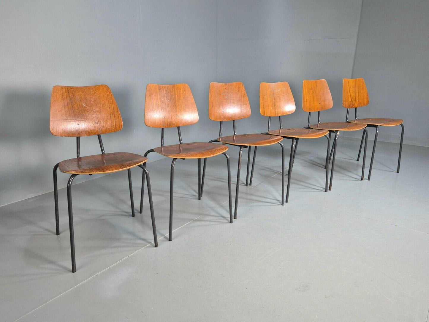 6 Vintage Danish Stacking Chairs Teak Plywood Steel Frame 1960 Retro EB8371 MSTA