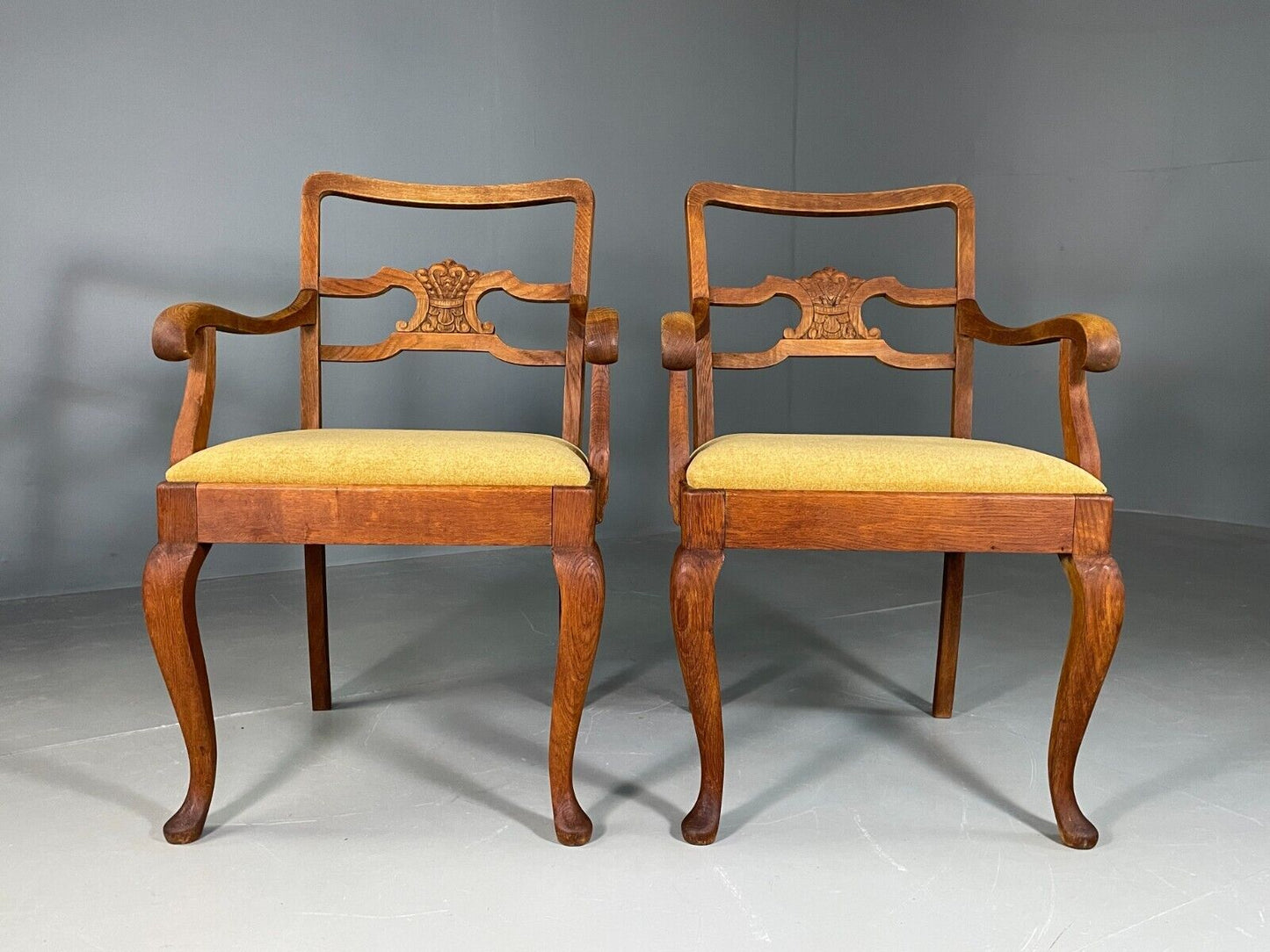 EB6953 2 Vintage Danish Elbow Chairs Oak Gold Upholstery Antique VCAR