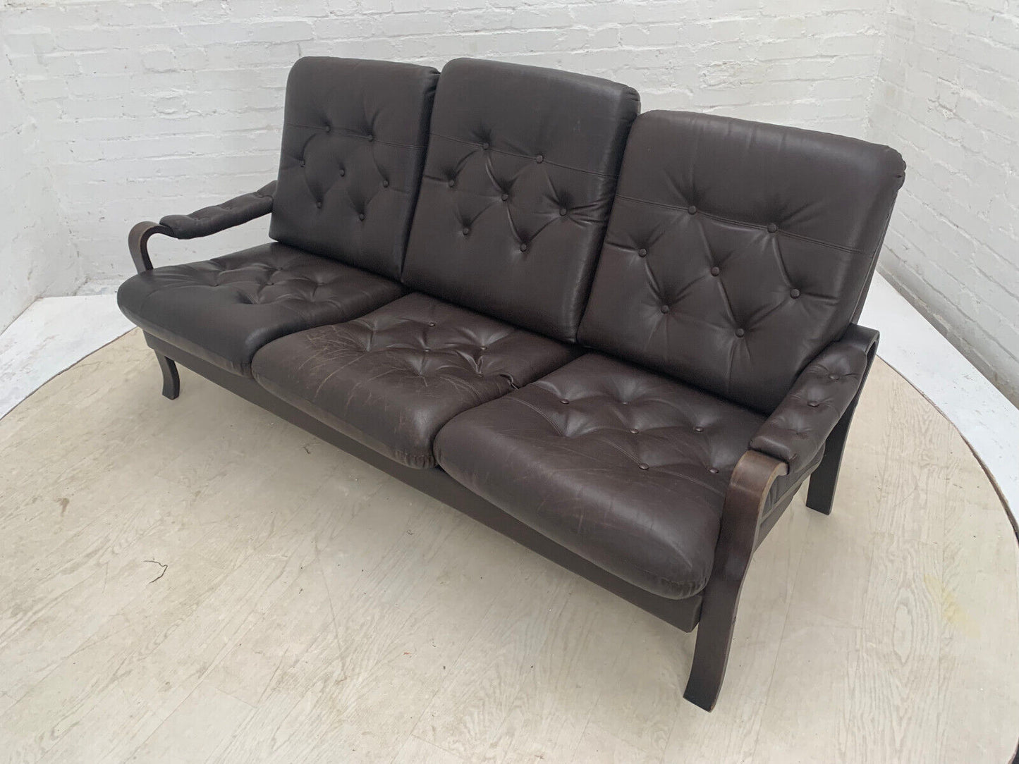 EB3459 Danish Stained Beech, Dark Brown Leather & Vinyl Three-Seater Sofa M3SS