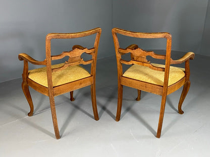 EB6953 2 Vintage Danish Elbow Chairs Oak Gold Upholstery Antique VCAR