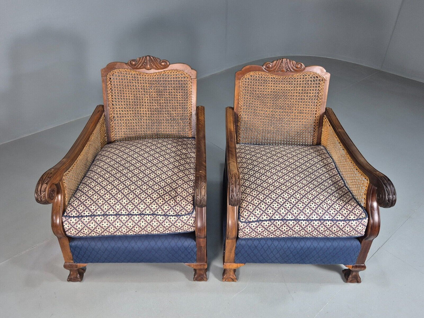 2 Vintage Lounge Chairs Blue Cream upholstery Bergere 1900s Antique EB7881 VBER