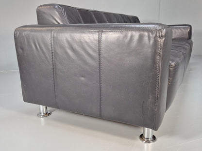 Vintage Danish 3 SEat Sofa Black Leather Chrome Feet 1980s Retro MCM EB8588 M3SS