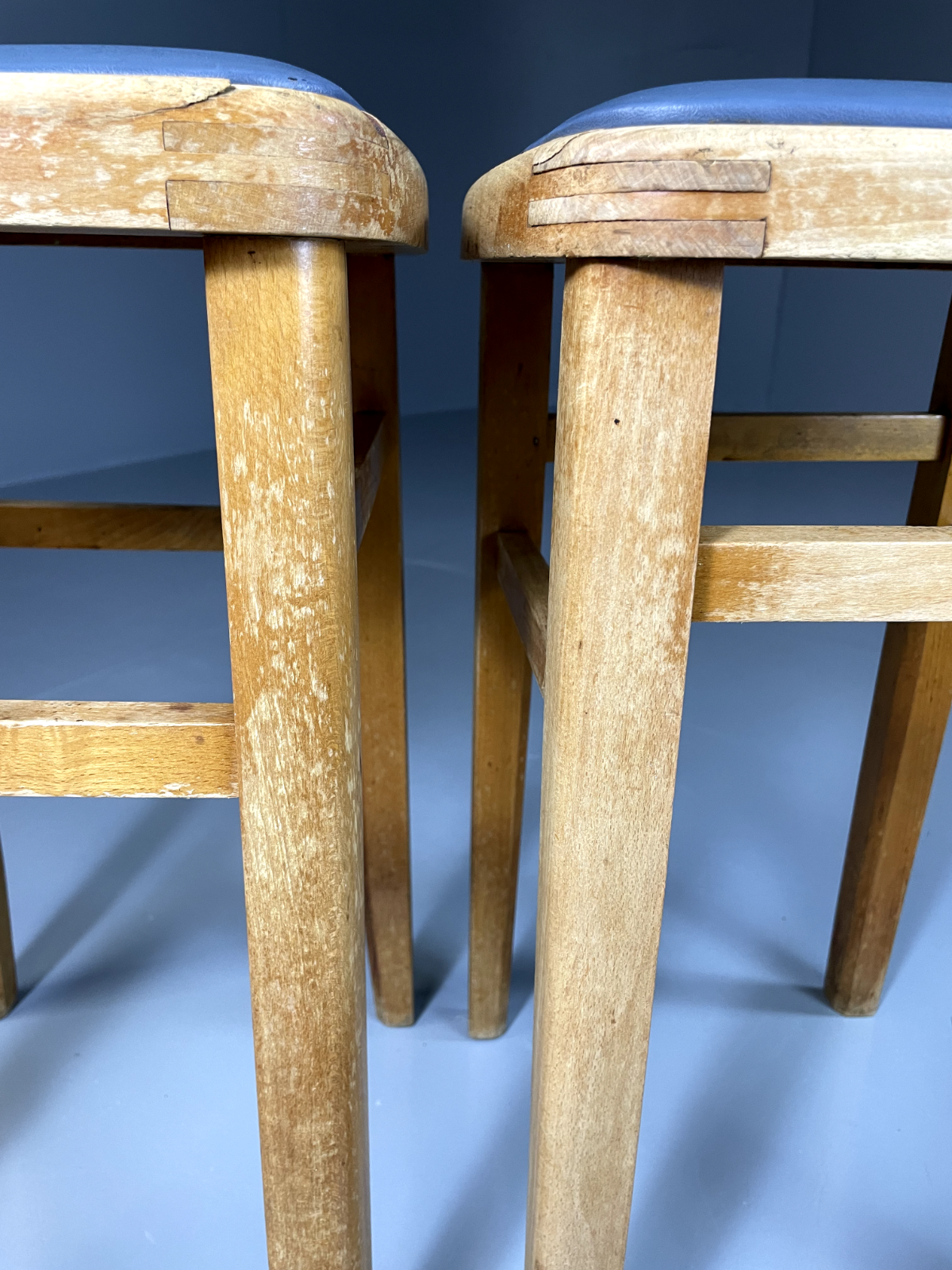 EB2092 A Pair of Vintage Kitchen Stools, 1960s, Beech Frame, Vinyl pads, MDIN