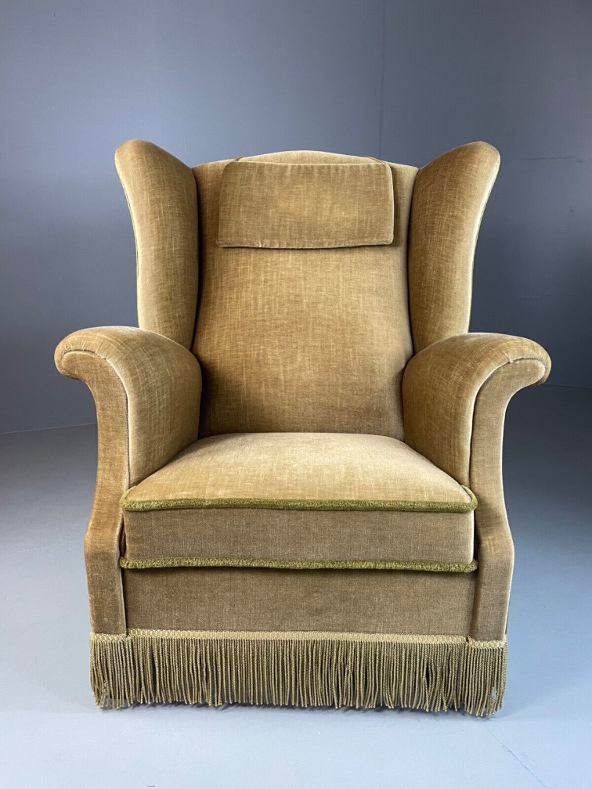 EB4894 Vintage Danish Olive Green Wingback Armchair, tassel, 1950s, 1960s VCLO