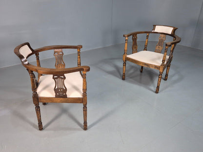 2 Vintage Lounge Chairs White Calico Fruitwood Inlay Edwardian EB8171 VCLO