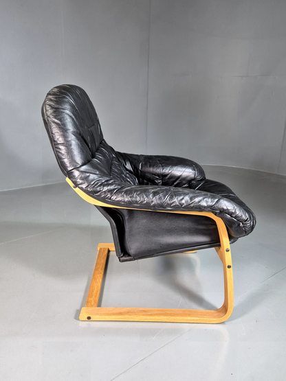 EB7254 Vintage Danish Lounge Chair Black Leather Bentwood Frame Retro MCM MBEN