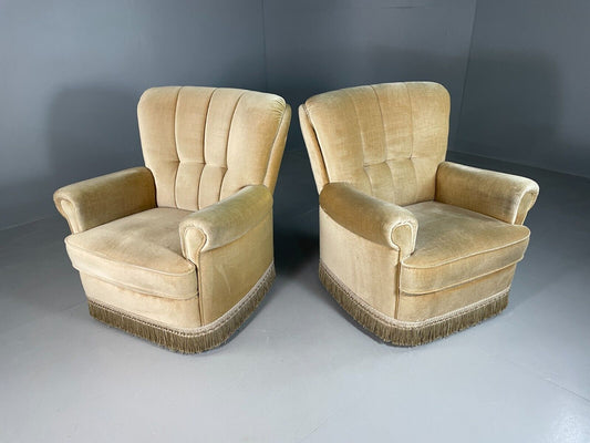 EB6698 2 Vintage Danish Lounge Chair Green Velour Upholstery 1970s Retro MNOR