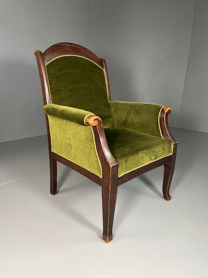 EB6469 Antique Danish Armchair Green Velour Stained Oak Vintage VCLO