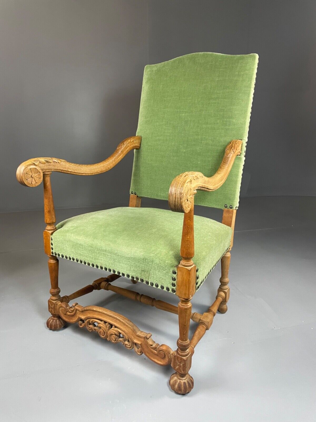 EB4649 Danish Early 20th Century Carved Oak And Green Velour Chair, Antique VCAR