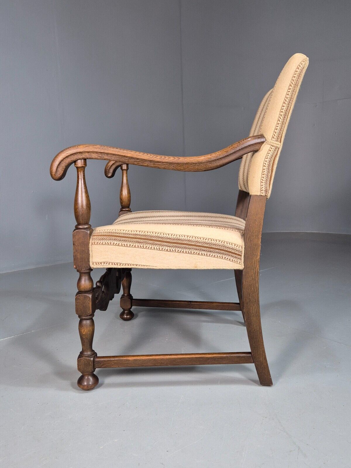 Vintage Danish Elbow Chair Cream Stripe Oak Frame 1950s Repro EB8084 VDIN