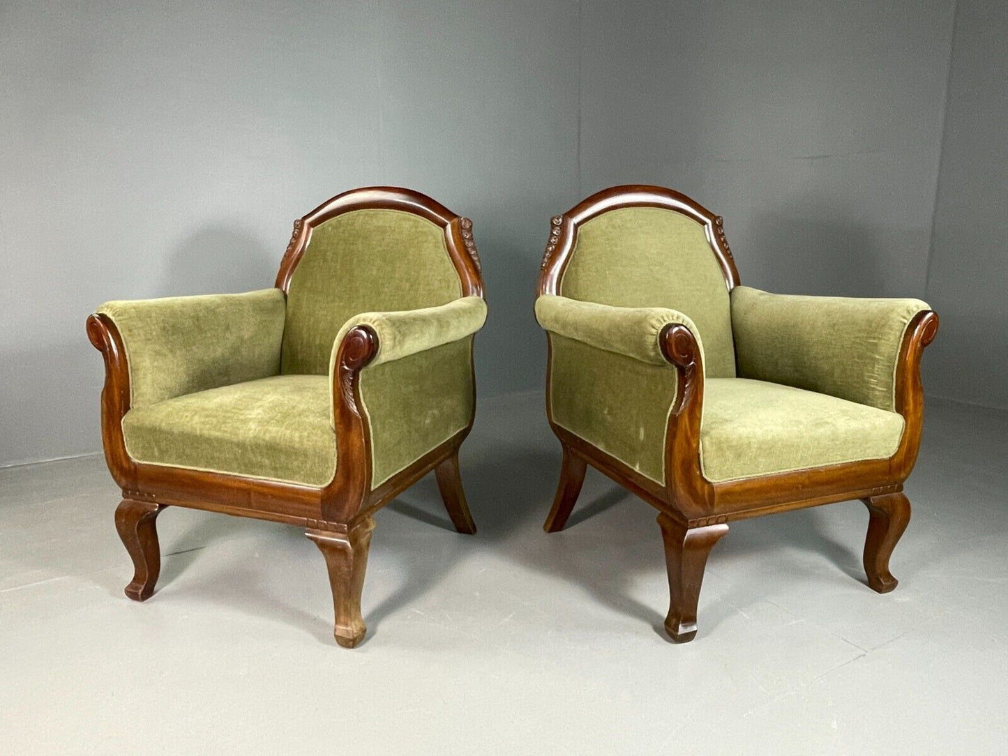 EB6659 2 Vintage Danish Lounge Chairs Green Velour Mahogany Antique Empire VCLO