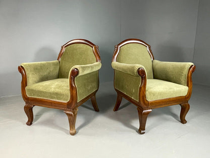 EB6659 2 Vintage Danish Lounge Chairs Green Velour Mahogany Antique Empire VCLO