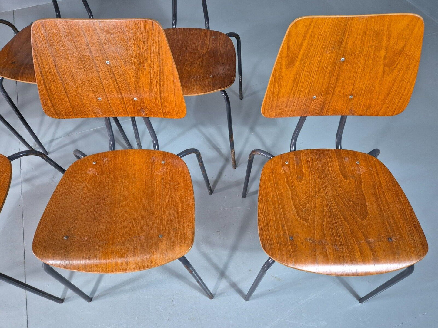 8 Vintage Danish Stacking Chairs Teak Plywood Steel Frame 1960 Retro EB8373 MSTA