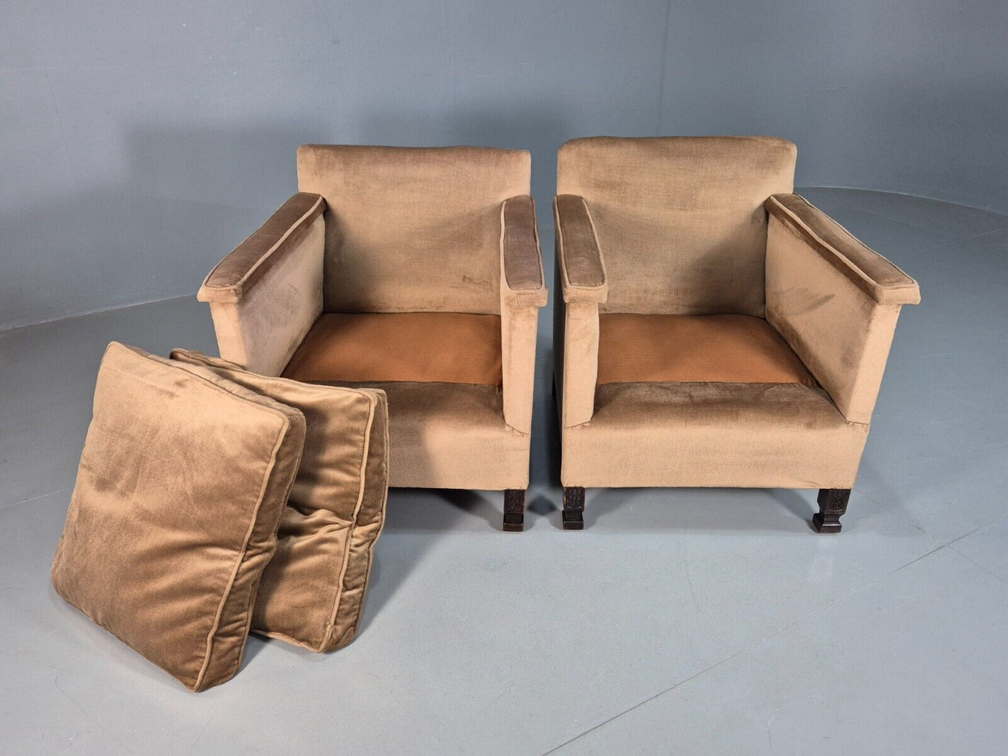 2 Vintage Lounge Chairs, Beige Velour 1940s Art Deco Antique EB8382 VCLO