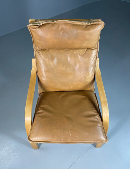 EB6870 Vintage Danish Lounge Chair Tan Leather Bentwood Frame Retro MCM MBEN