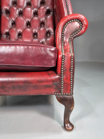 Vintage Wing Back Lounge Chair Red Leather Chesterfield Queen Anne EB7807 VCHE