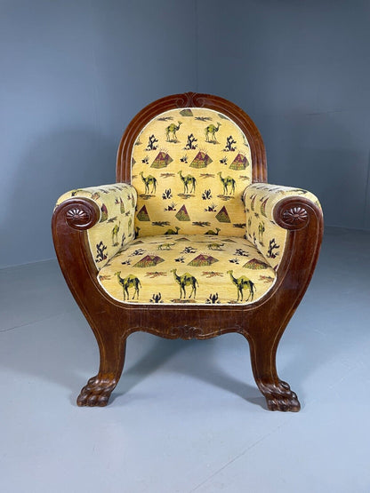 EB6675 Vintage Danish Lounge Chair Yellow Mahogany Paw Feet Antique Empire VCLO