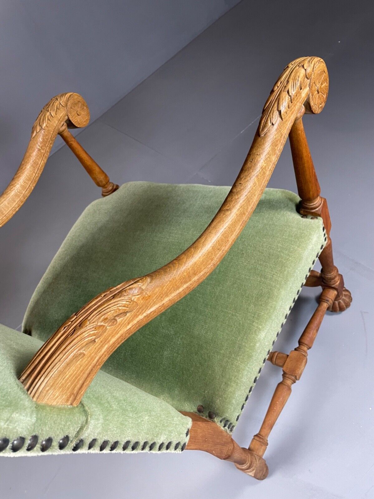 EB4649 Danish Early 20th Century Carved Oak And Green Velour Chair, Antique VCAR