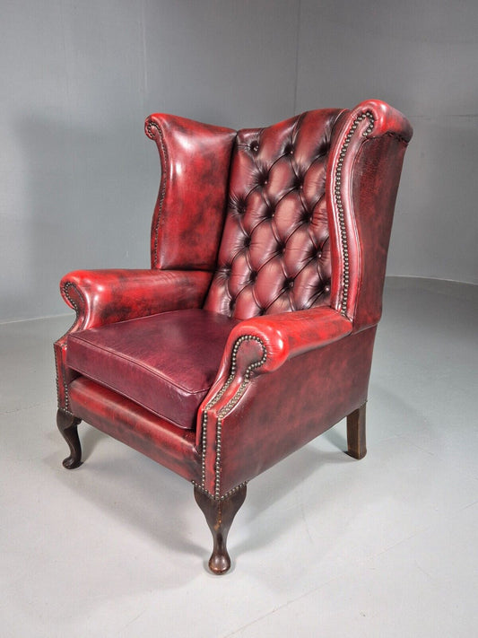 Vintage Wing Back Lounge Chair Red Leather Chesterfield Queen Anne EB7807 VCHE