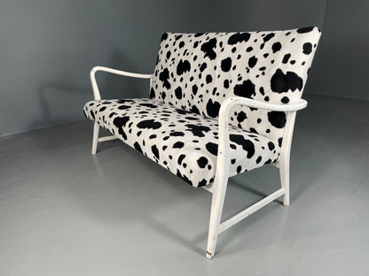 EB6448 Vintage 2 Seat Danish Sofa Painted White Cow Print Cover Retro MCM M2SS