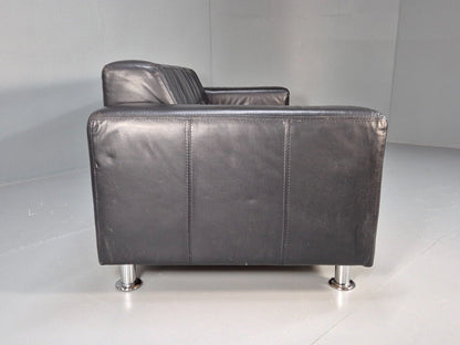 Vintage Danish 3 SEat Sofa Black Leather Chrome Feet 1980s Retro MCM EB8588 M3SS