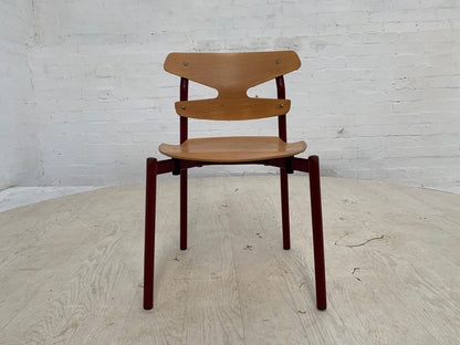 EB3636 Danish Beech & Burgundy Steel Childrens Stacking Chair Randers MSTA