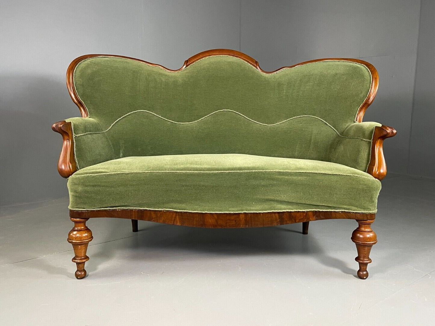 EB6969 Vintage Danish 2 Seat Sofa Mahogany Green Velour Camel Back Antique V2SS