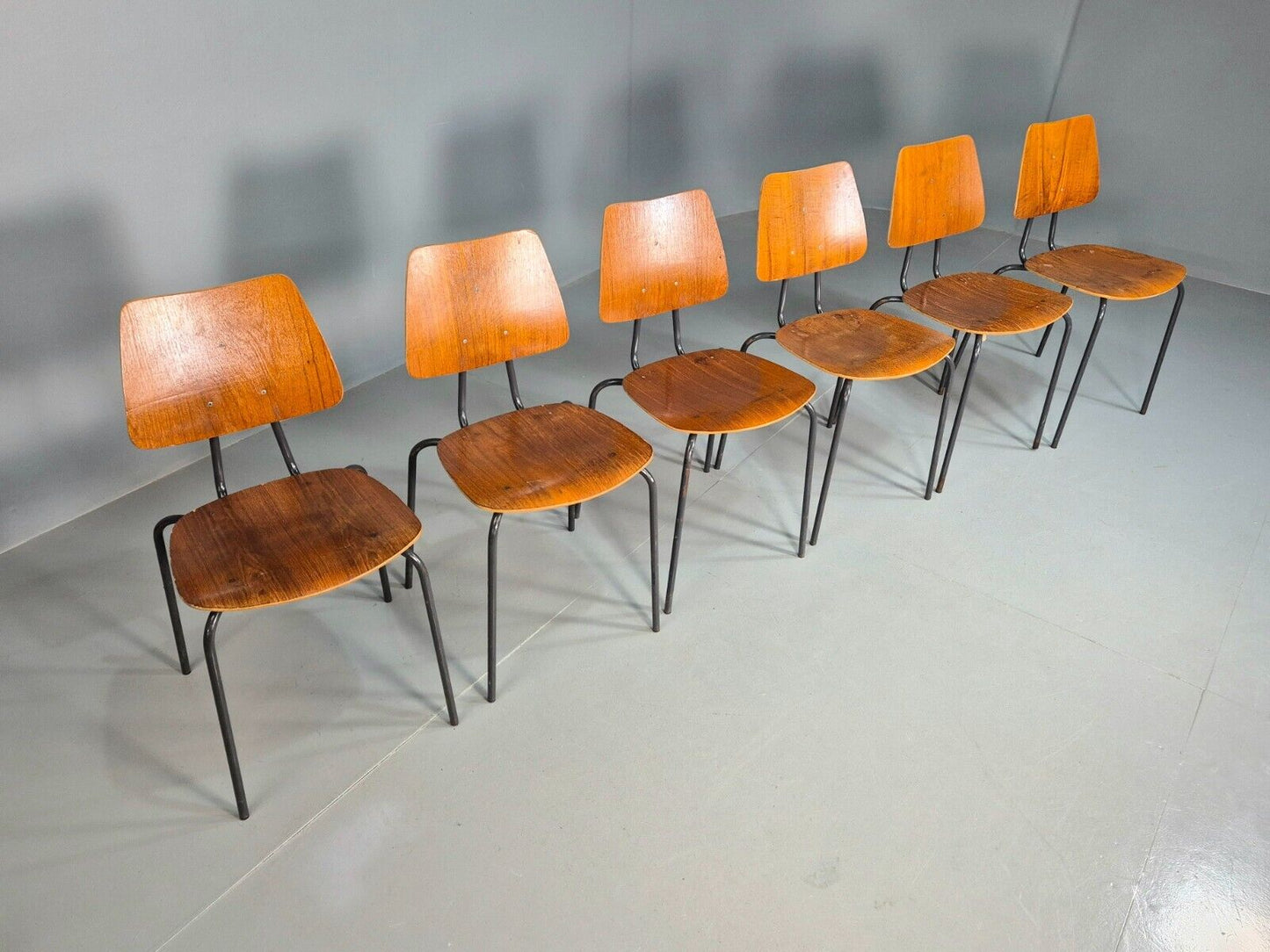 6 Vintage Danish Stacking Chairs Teak Plywood Steel Frame 1960 Retro EB8371 MSTA