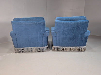 Pair Vintand Danish Blue Velour Armchairs Tassels Chrome Retro EB8021 MNOR