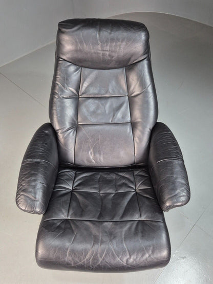 Vintage Danish Swivel Lounge Chair Black Leather Recline 1980 Retro EB8249 MSWI