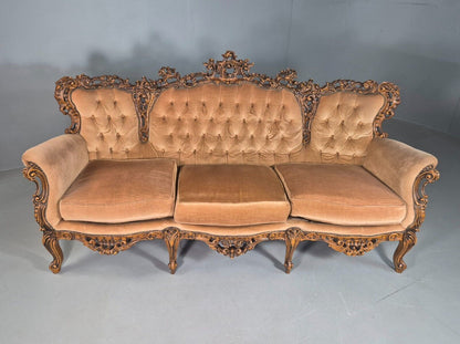 EB7115 Vintage French Antique Style 3 Seat Sofa Carved Frame Peach Velour V3SS