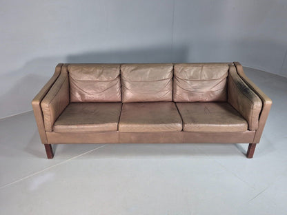 Vintage Danish 3 Seat Sofa Brown Leather Mogensen Style 1970s Retro EB8201 M3SS