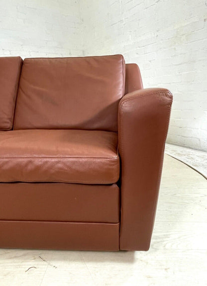 EB4300 Danish Tan Leather 1970s Sofa. Oak Sled Base, Vintage, Retro, MCM. M3SS