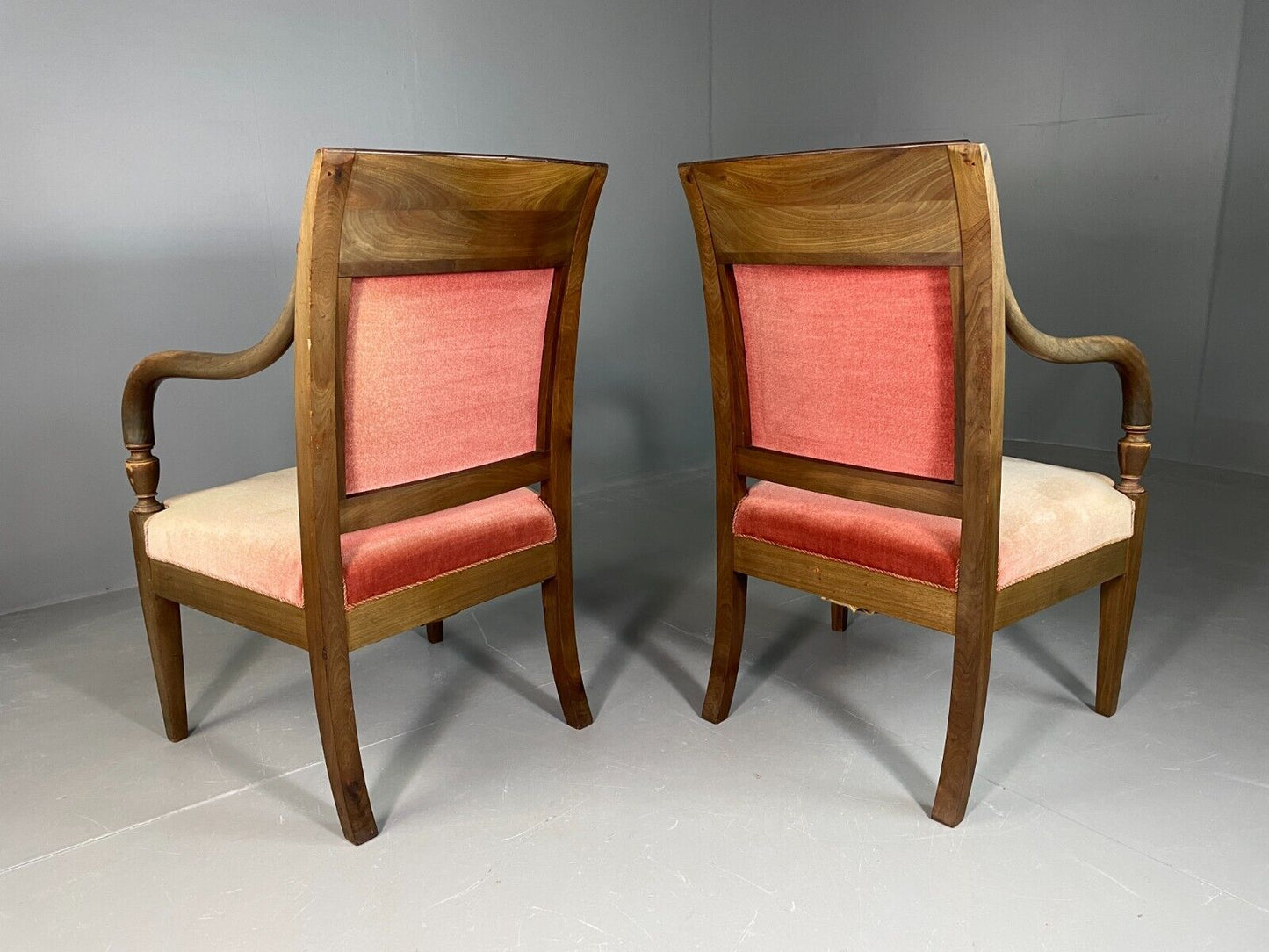 EB6727 2 Vintage Danish Lounge Chairs Beech Wood Pink Velour Antique Empire VCLO