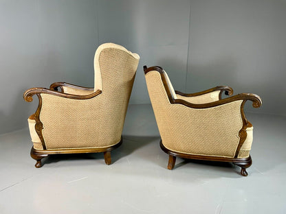 EB6395 2 Vintage Danish Lounge Chairs Antique Deco Cabriole Leg Brocade VCLO