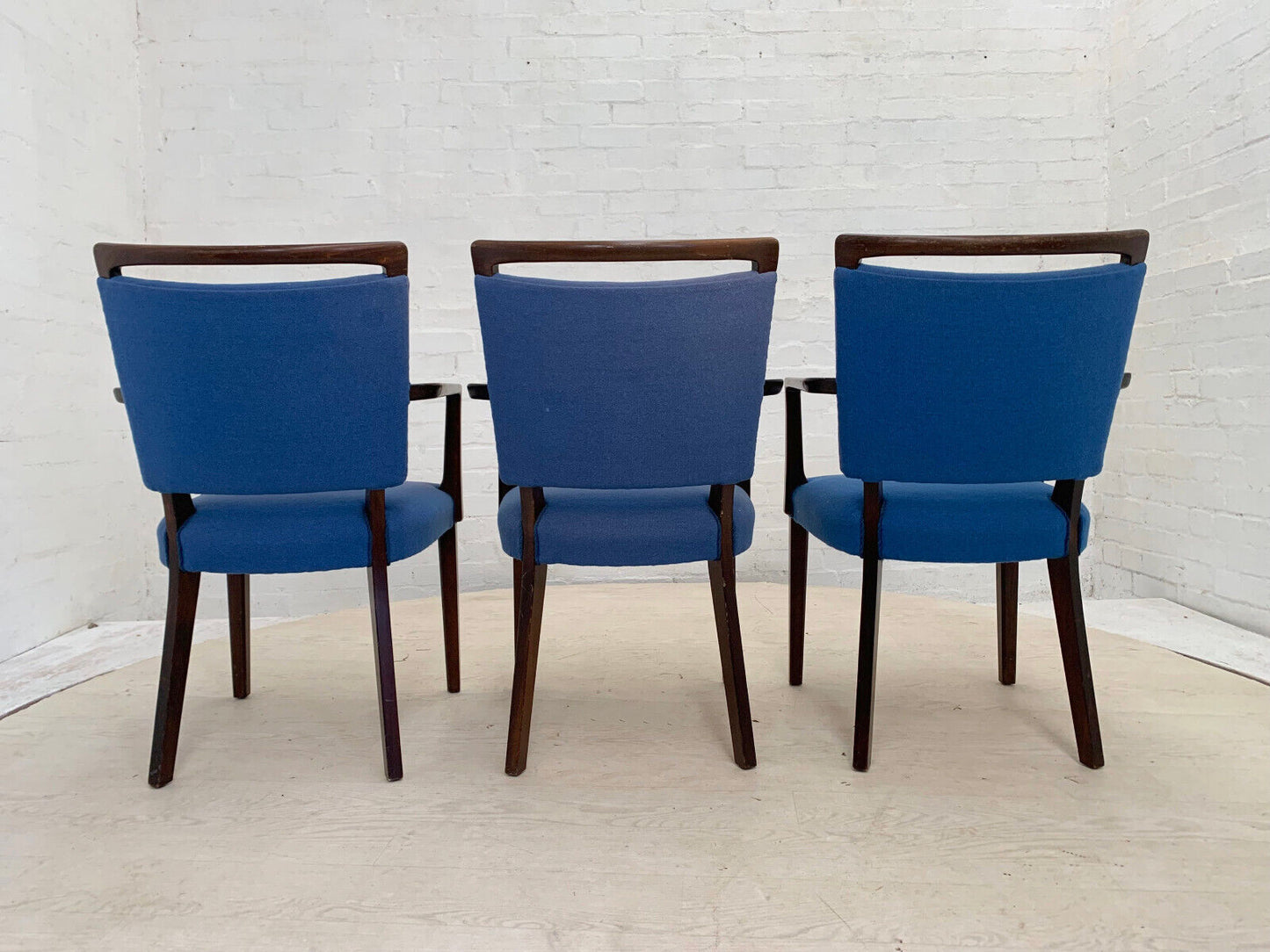 EB3767 Set of Three Danish Beech Desk Chairs with Blue Wool Vintage MDIN