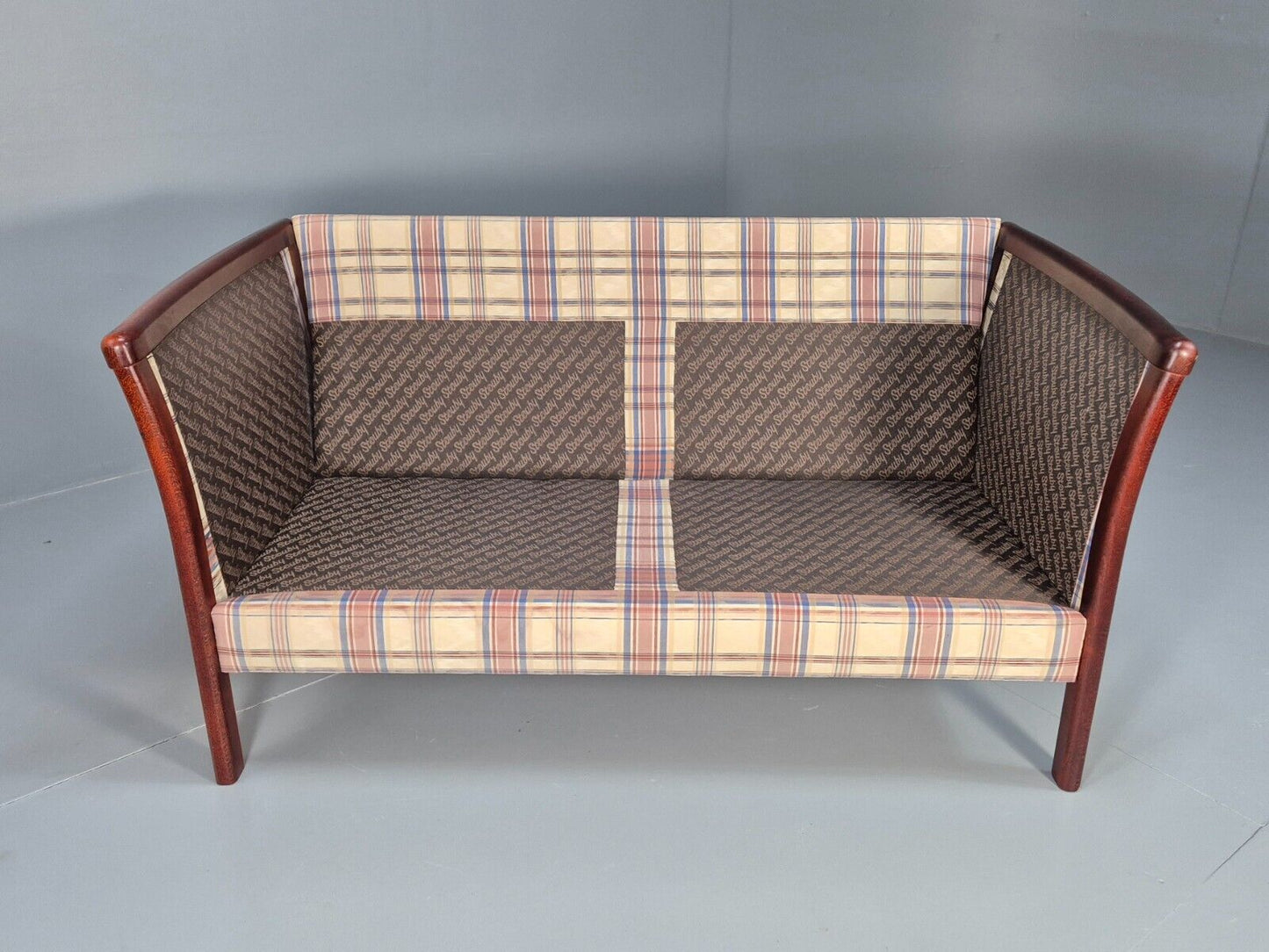 Vintage Danish 2 Seat Sofa Tartan Cotton Wood Frame Stouby 1980s MCM EB8598 M2SS