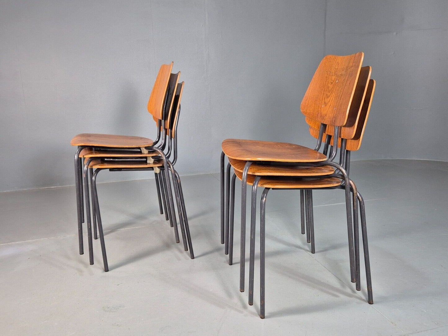 6 Vintage Danish Stacking Chairs Teak Plywood Steel Frame 1960 Retro EB8377 MSTA