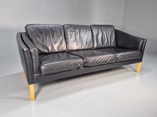 Vintage Danish 3 Seat Sofa Black Leather Straight back Arm Retro MCM EB8622 M3SS