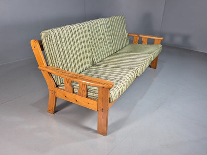 Vintage Danish 3 Seat Sofa Green Cream Wool Pine Frame 1970s Retro EB8211  M3SS