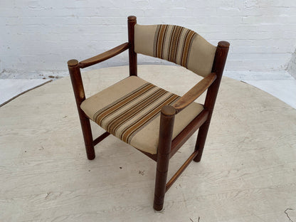 EB3476 Danish Stained Beech & Brown Striped Wool Elbow Chair Retro Vintage MDIN