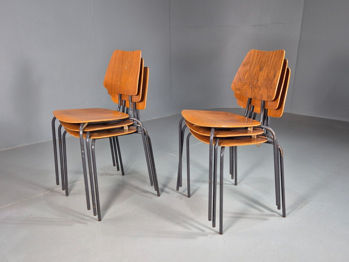 6 Vintage Danish Stacking Chairs Teak Plywood Steel Frame 1960 Retro EB8378 MSTA